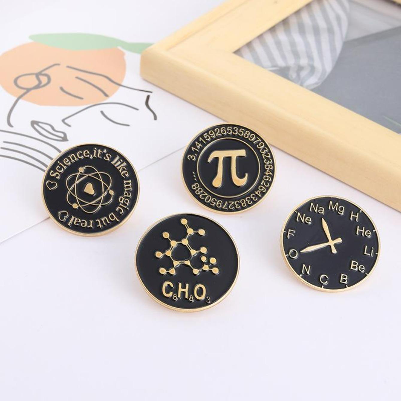 

4pcs Black round coin letter symbol brooch watch chemical molecule atomic structure diagram badge drop oil alloy