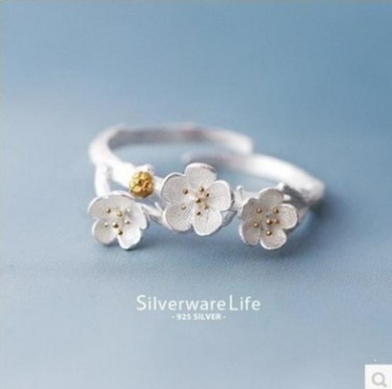 Korean 925 Sterling Silver Plum Blossom Open Ring – Handmade Artistic Floral Design for Women