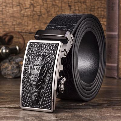 Men'S Genuine Leather Alligator Pattern Belt, First Layer Cowhide Automatic Buckle Belt Business