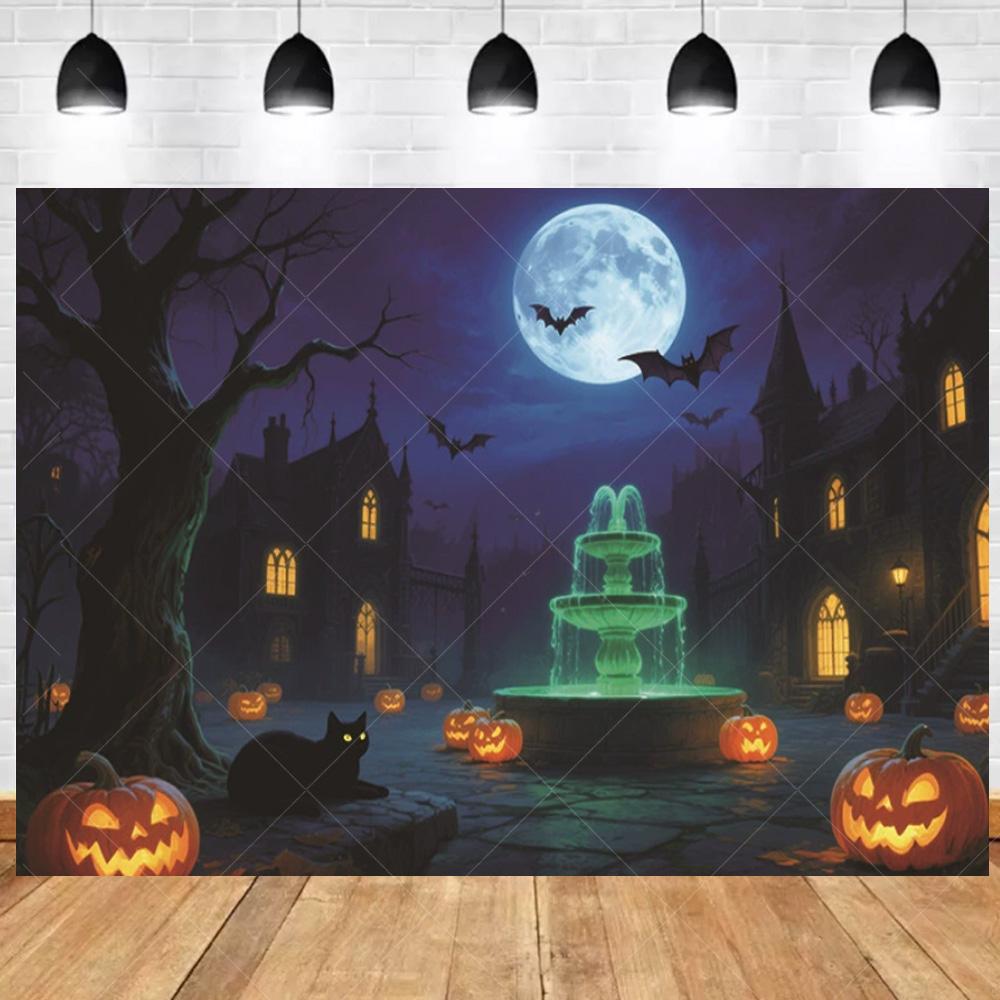 1pc Gothic Halloween Party Backdrop with Night Moon Castle Witch Pumpkin Dustproof Banner for Halloween Themed Party Decoration