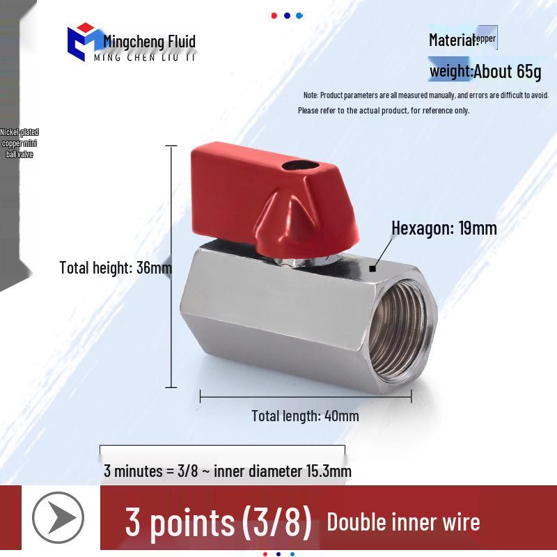 Compact Ball Valve with Double Male/Female Thread, Sizes 1/4", 3/8", 1/2", Pneumatic Polished Electroplated Switch Valve Accessory.