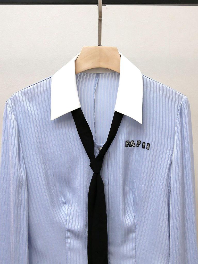 Autumn Women's Striped Shirt with Bow Tie & Flared Sleeves