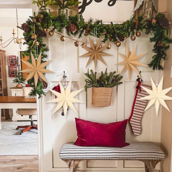 5Pcs Star Lanterns 12-Inch Paper Christmas Ornaments 9 Pointed Hanging Lamp Lampshades Vintage Farmhouse