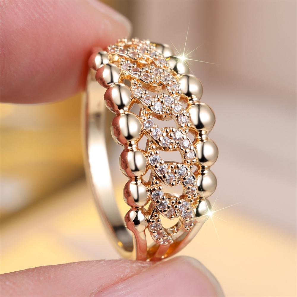 White Zircon Hollow Chains Small Round Beads Rings For Women Vintage Fashion Gold Color Ring Wedding Jewelry Mother's Day Gifts