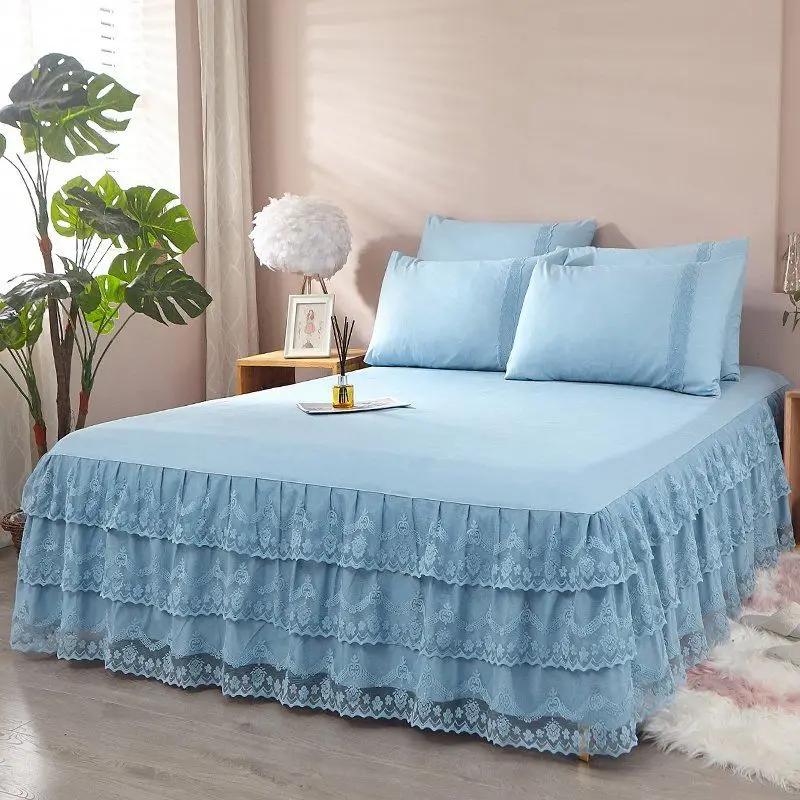3 Layers Bed Skirt Lace Ruffled Bed Skirt Couvre Lit Bedroom Bed Cover with Surface Non-slip Mattress Cover Bedsheet Bedspread