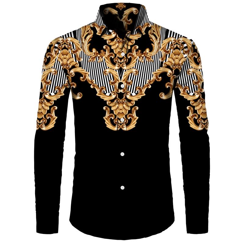 Golden Flower Pattern Print Men's Shirts Casual Single-Breasted Cardigan Long Sleeve Shirt Fashion Trend Tops Men Clothing