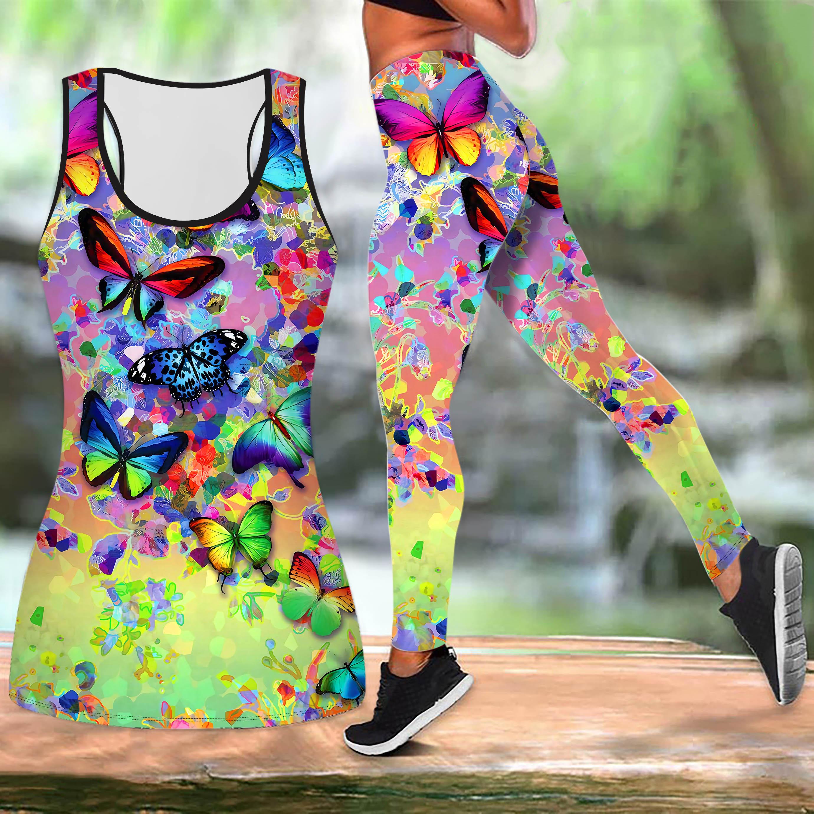 

Комплект для йоги с принтом полых бабочек для женщин, модные леггинсы для тренировок, фитнес, спорт, повседневный комплект для йоги, спортивный костюм S разноцветный