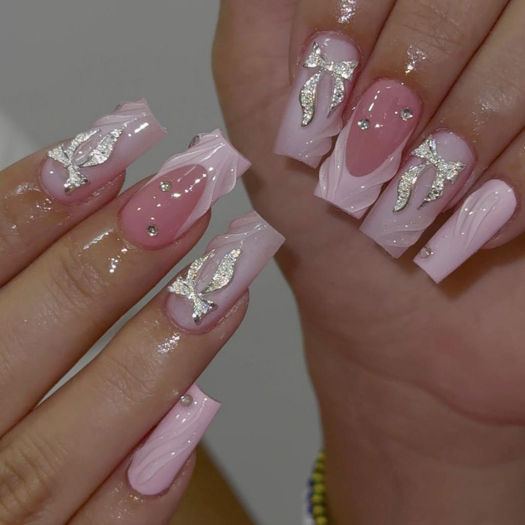 24Pcs Sweet Medium Square False Nails with Glue Blush Pink Flowers Fake Nails Full Cover French Acrylic Press On Nails for Girls