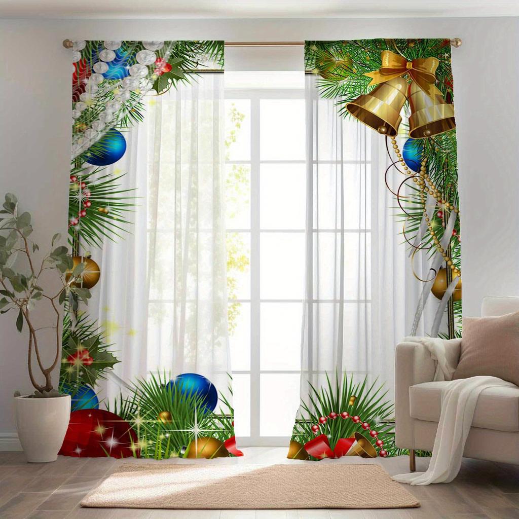 Glam Christmas Curtains Semi-Sheer Polyester Rod Pocket Drapes with Festive Holiday Print for Living Room Bedroom Window Decor