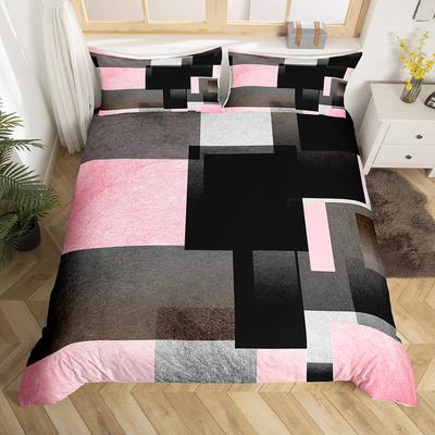 Homewish Geometrisches Abstraktes Bettbezug-Set für Erwachsene, Rosa Grau Quadratisches Bettwäsche-Set, Modernes Mode-Bettset