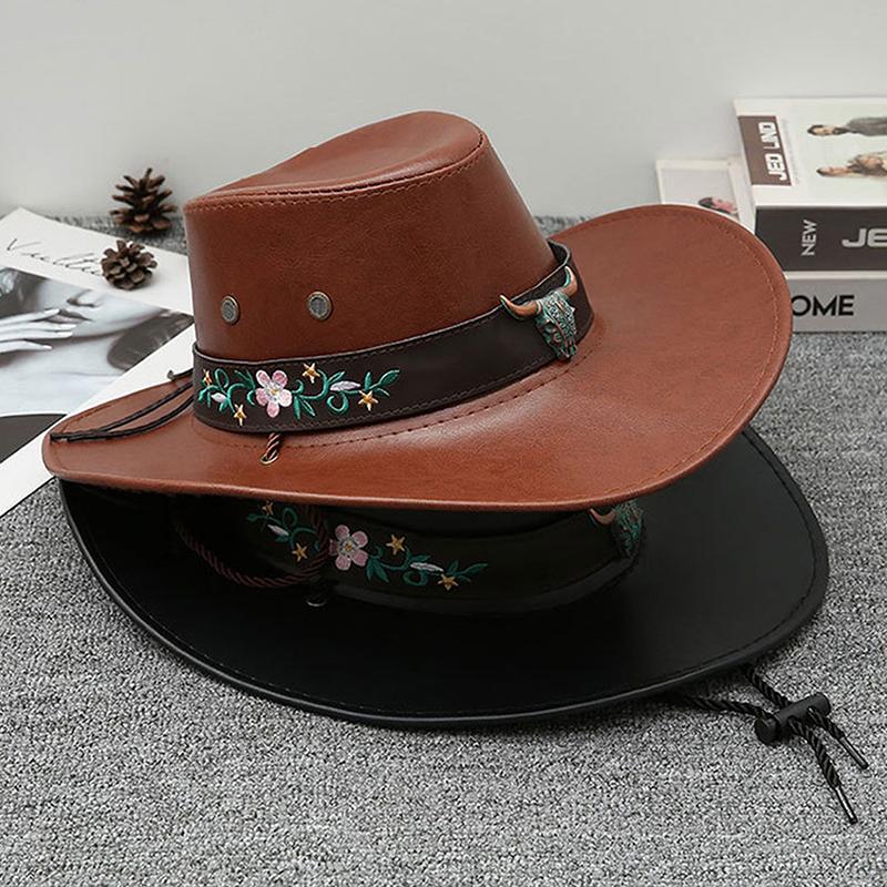 Floral Embroidered Bull Head Rivets Cowgirl Hat Women Retro Wide Brim Western Caps Party Travel Fashion PU Leather Panama Hats