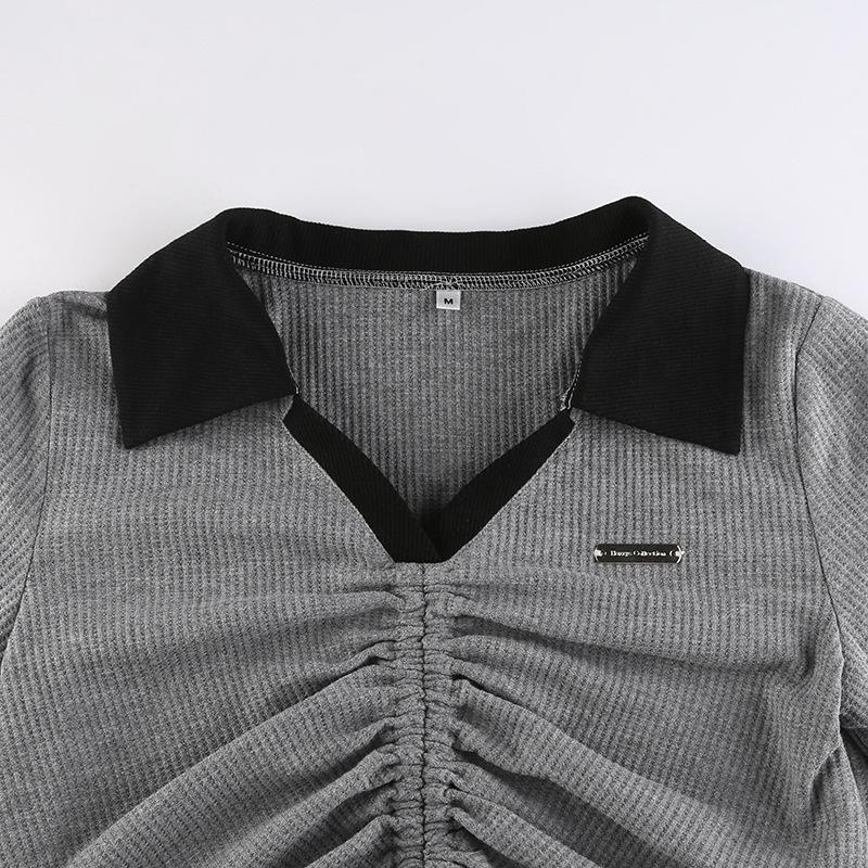 Short Slim Top for Women Vintage V-neck Drawstring Pleated Short Sleeve Top Summer Sexy Irregular T-shirt Gothic Korean Crop Top