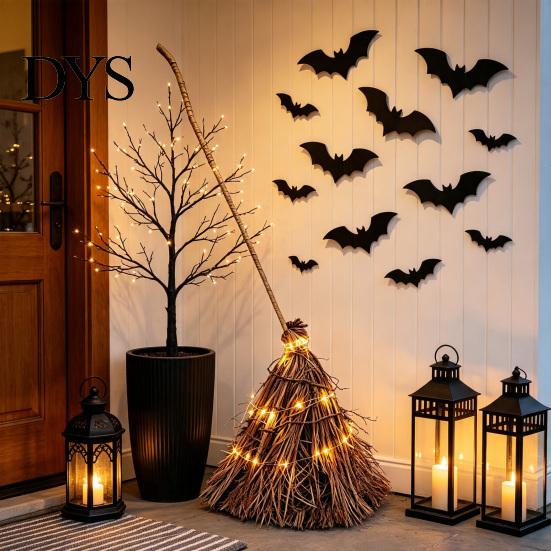 Rustic Farmhouse Fall Decorations 5.5 Ft Giant Light-up Witch Broom, Vintage Twig Broom with String Light, Unique Autumn Holiday Gift Decoration