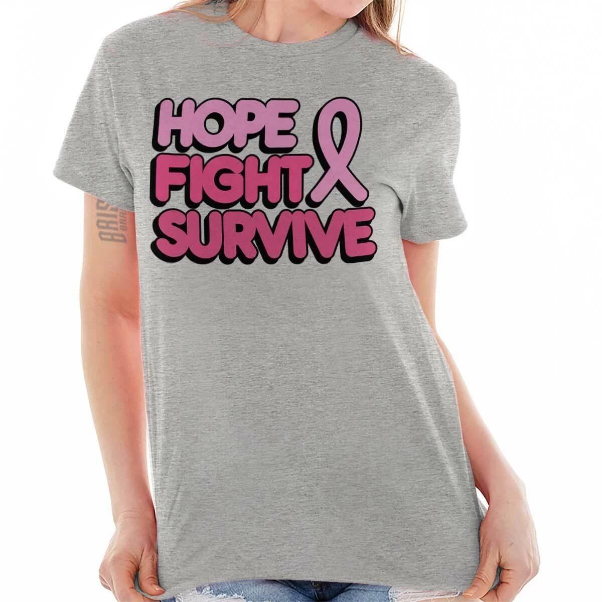 Hope Fight Survive Pink Ribbon Breast Cancer Womens Graphic Crewneck T Shirt Tee XS