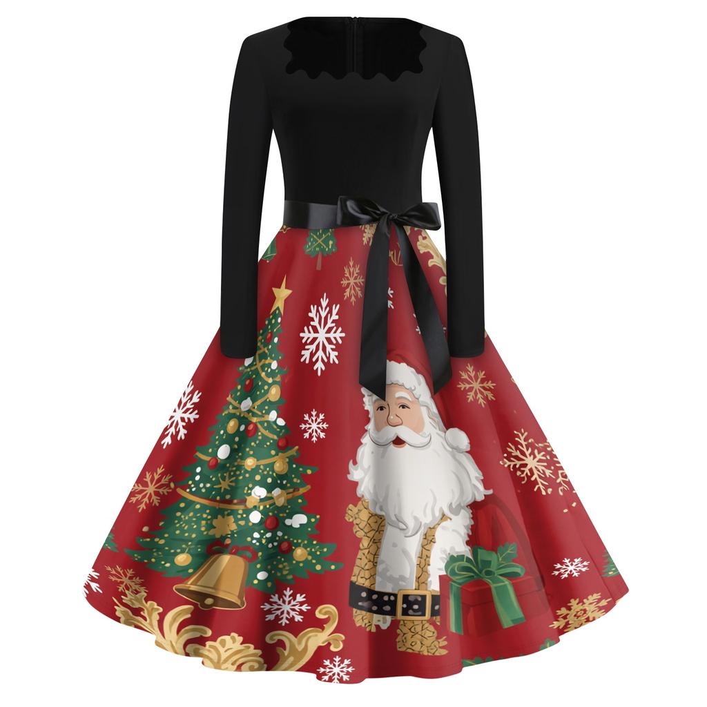 Women's Casual Retro Square Neck Dress with Halloween Print for Party and Daily Wear
