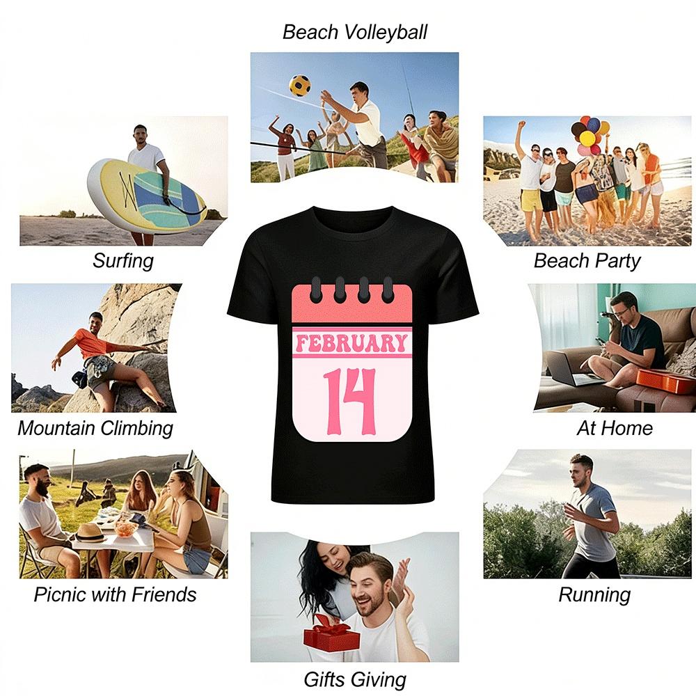 February 14 Valentine's Day Calendar Print Casual Couple Top Pure cotton T-shirt