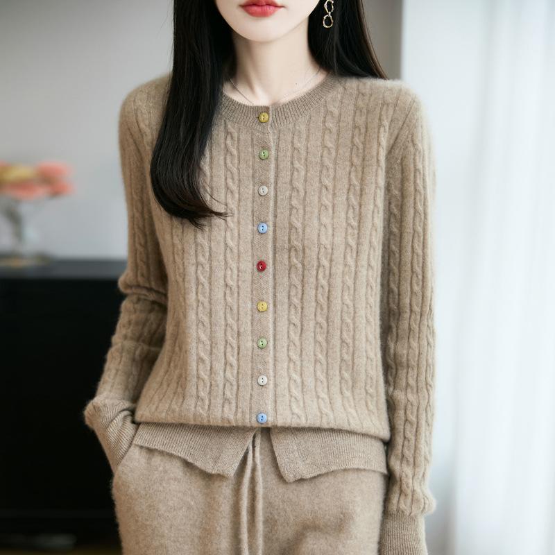 Autumn And Winter New Wool Cardigan Women'S Round Neck Loose Coat Colored Button Knitted Cashmere Sweater Versatile Women'S Top
