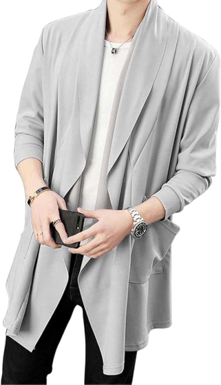 

J.STORE Men s Long Cardigan, Flattering, Stylish, with Pockets, Long Sleeves, Gray, Size 5A-J02-GYM