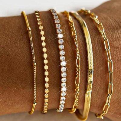 6Pcs/Set Bohemian Multi-layer Thin Chain Bracelets for Women Stainless Steel Minimalist Zircon Gold Color Metal Bangles Jewelry