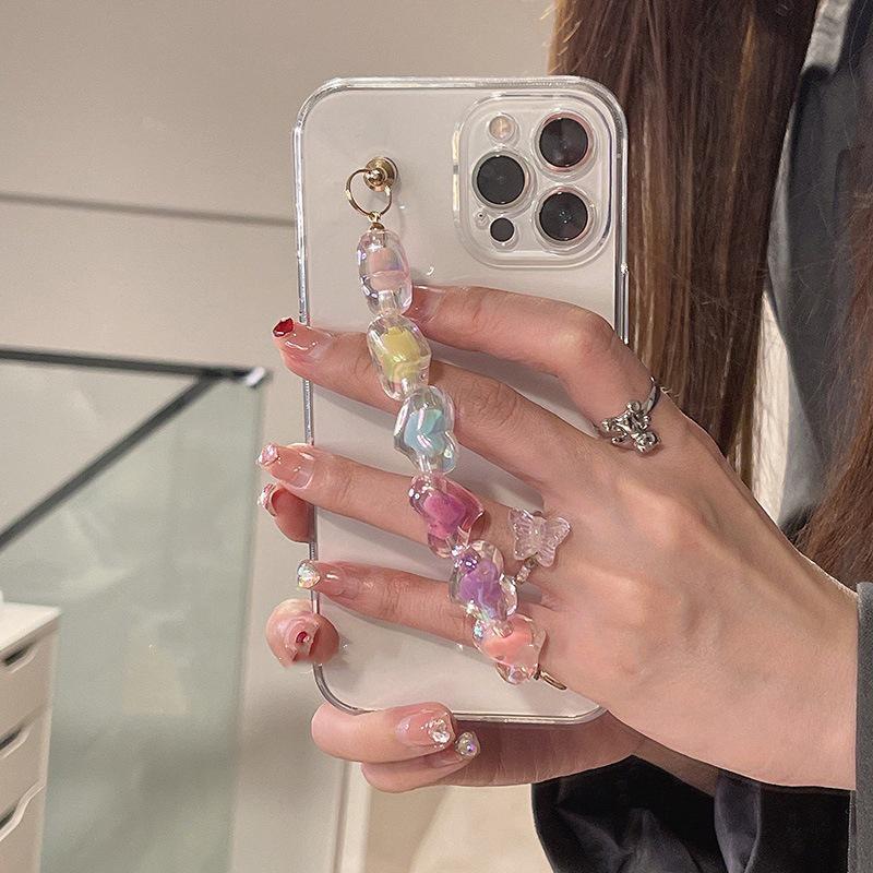 iPhone 15 Pro Max/17/16/13/11/XS Full Coverage Transparent Case with Heart-Shaped Colorful Candy Bracelet