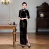 Retro velvet cheongsam stand-up collar seven-quarter-sleeved gold floral split-ended dress, mother-in-law wedding banquet Chinese dress