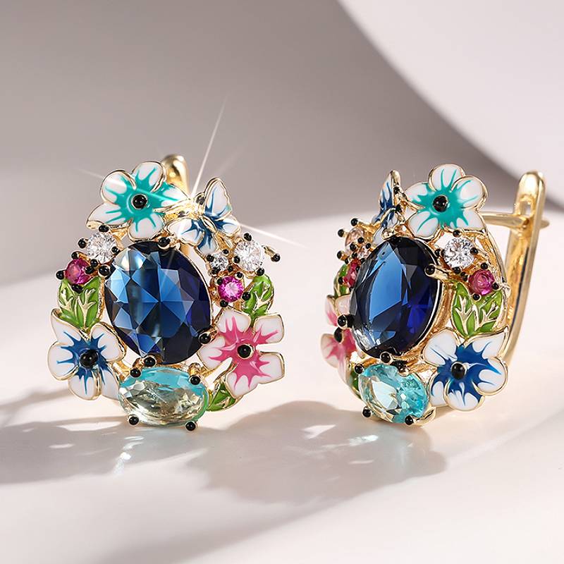 

Huitan Women Gold Color Hoop Earrings Aesthetic Colorful Enamel Flower Design Wedding Party Accessories Trendy Zircon with CZ