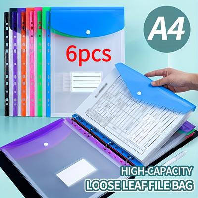 6pcs of A4 Large-capacity Loose-leaf Style,Durable PP Material+Expansion Button+ Label Pocket,For Storage At School, Home, Work.