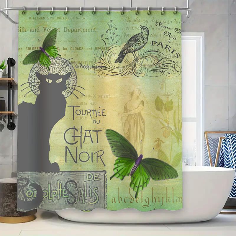

Decorative Printed Shower Curtain featuring Vintage Parisian Artwork with Cat Butterfly Design Green Color, 180x180cm 90x180cm