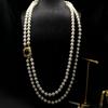 Retro-style Double-layer Glazed Pearl Necklace, Gemstone Stud Set, Vintage Accessories, Long Sweater Chain Earrings