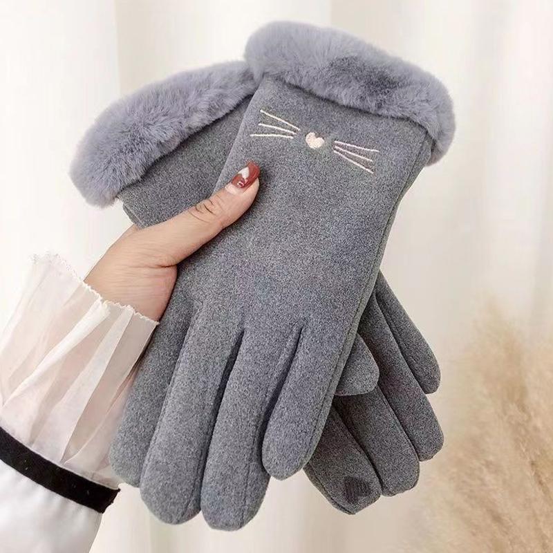 Winter Rabbit Fur Mouth Full Finger Touch Screen Mittens Plus Velvet Warm Gloves For Women