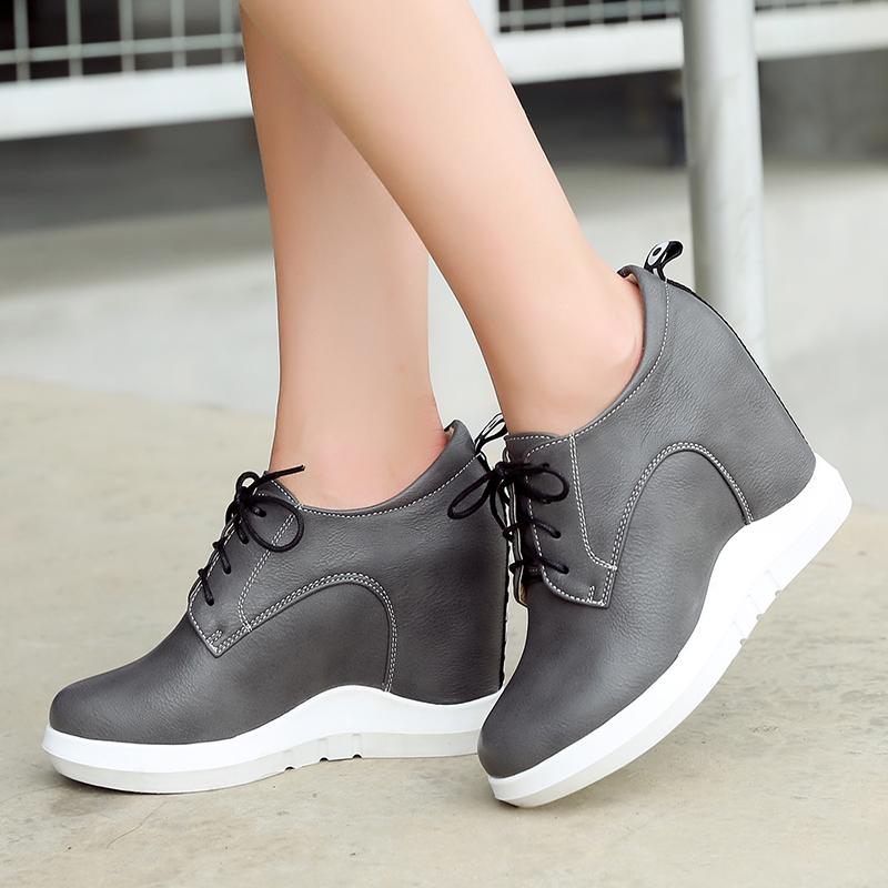 Women's Slope Heel Single Shoes Spring and Autumn Inner Height Increase Casual Lace-up Low-top Shoes