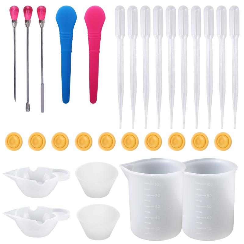 Easy Clean Silicone Resin Measuring Cups Tool Kit with Stir Sticks Pipettes Spatula Finger Cots for Epoxy Resin Mixing Supplies