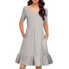 Women's Casual Round Neck Short Sleeved Dress Solid Color Loose Waist Pleated Dress