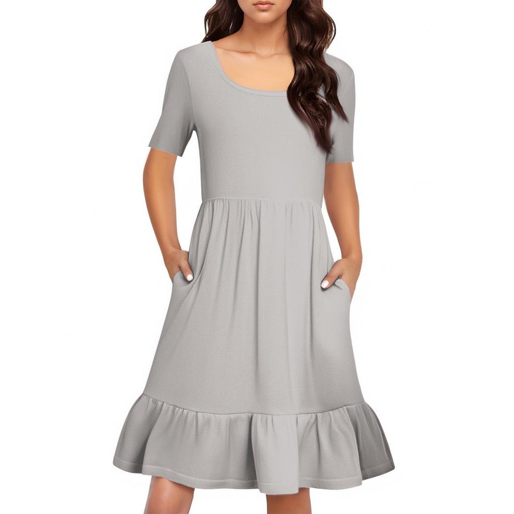 Women's Casual Round Neck Short Sleeved Dress Solid Color Loose Waist Pleated Dress