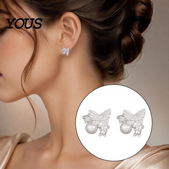 Rhinestone Butterfly Jewelry 1 Pair Stud Earrings for Women, Sparkly Faux Pearl Minimalist Daily Earrings, Glitter Cubic Zirconia Daily, Party,