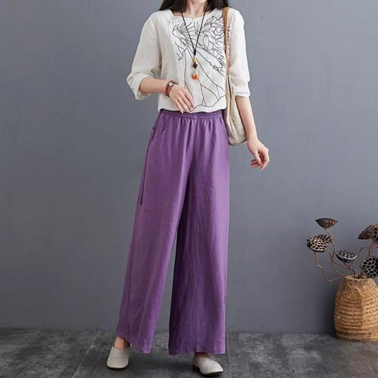 Women Pants Elastic Waistband Adjustable Drawstring Wide Leg Long Pants with Pockets Pure Color Leisure Trousers Summer Travel Work Wear