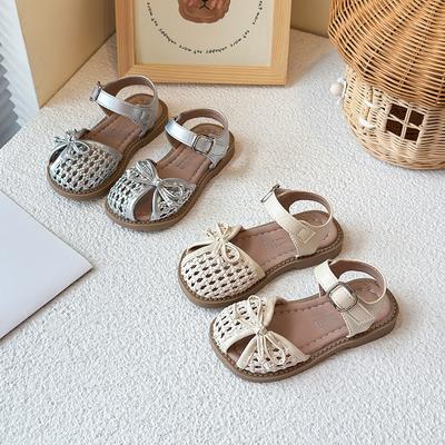 Kids Princess Shoes Weave Simple Bows Girls Sandals Ins Trendy Casual 2025 Summer New Children Beach Shoes Hollowed-out Ins
