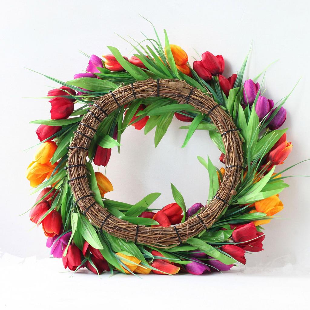 Artificial Flower Wreath 19.7 Inch Spring Summer Wreath with Green Leaves for Front Door Home Holiday Decor