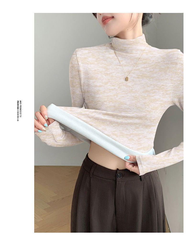 Women's Soft & Fluffy Cashmere Long-Sleeve Base Shirt with Half-High Collar for Spring, Autumn & Winter - Warm Fleece Inner Wear.