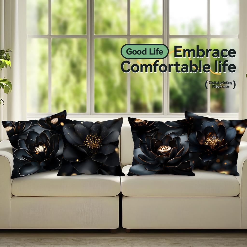 Black Flowers Cushion Pillowcase Printed Polyester 45X45Cm Throw Pillowcover Decorative Sofa Cushion Pillowslip Home Decor