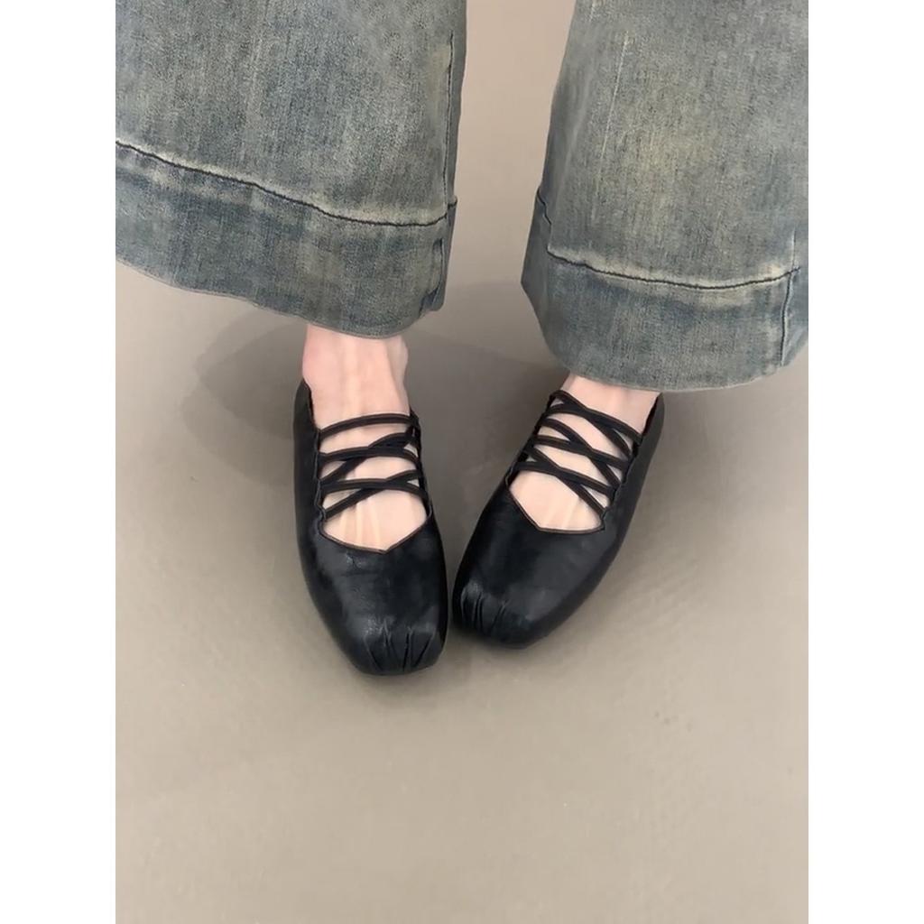Vintage Cross-strap Flats Square Head Pig Nose Ballet Shoes Women's 2025 New Shallow Mouth Mary Jane Single Shoes