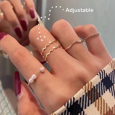 5Pcs Korean Style Simple Pearl Wavy Shape Combination Finger Ring Sets Opening Adjustable Rings For Women Punk  Jewelry