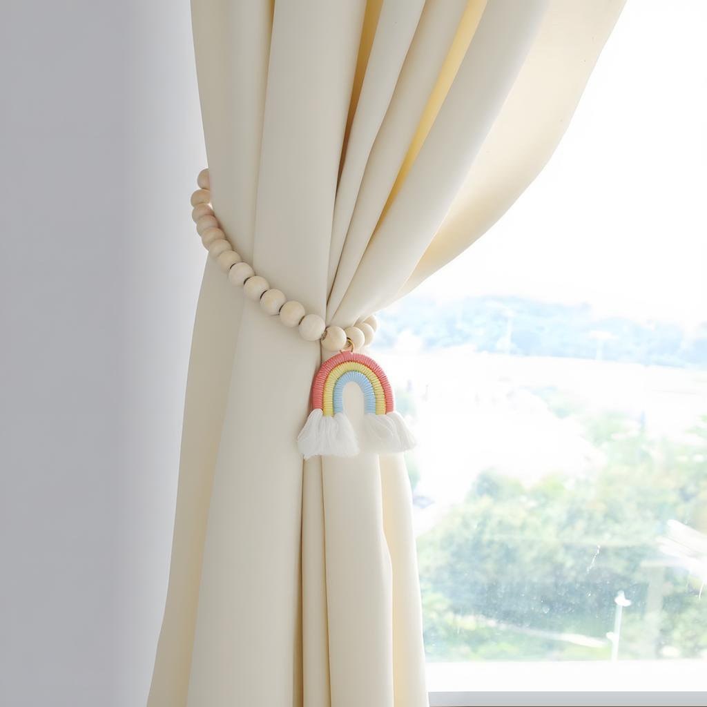 2 pcs Magnetic Wooden Bead Curtain Tiebacks Minimalist Rainbow Tassel for Bedroom Living Room Patio