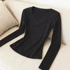 Women's Long-Sleeve V-Neck Base Layer Top, Cinched Waist, Solid Color, 2025 Autumn/Winter Style.