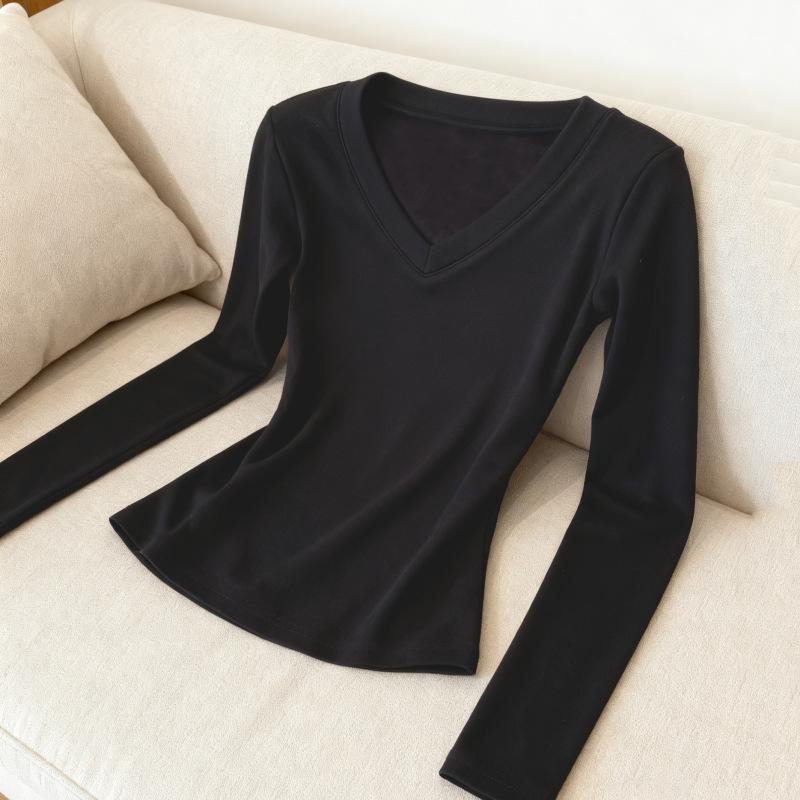 Women's Long-Sleeve V-Neck Base Layer Top, Cinched Waist, Solid Color, 2025 Autumn/Winter Style.