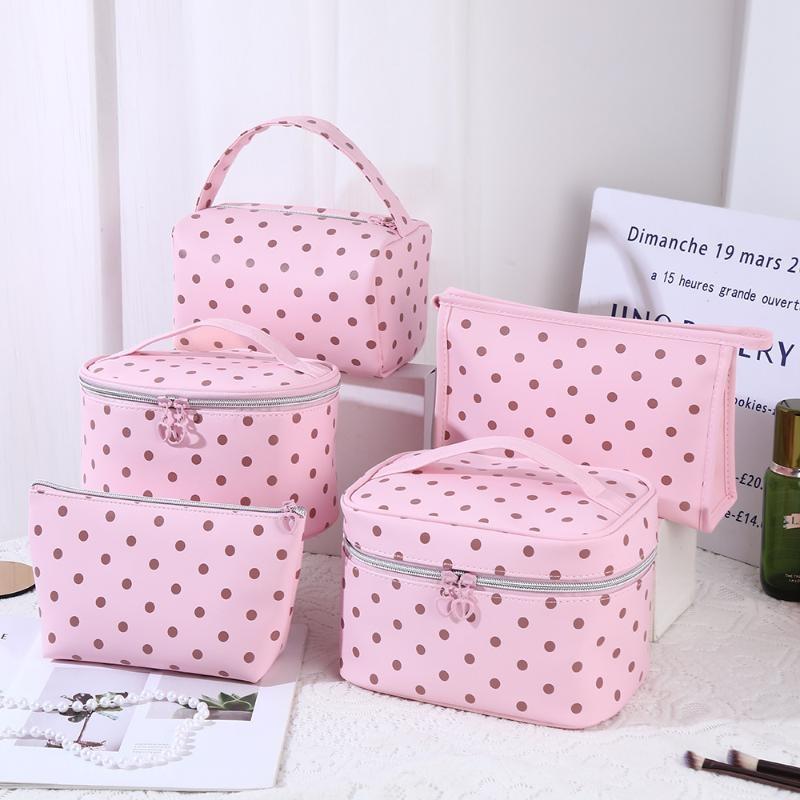 1/3Pcs Pink Polka Dot Pu Makeup Bag Set Large Capacity Sturdy Handle For Travel Daily Cosmetic Storage