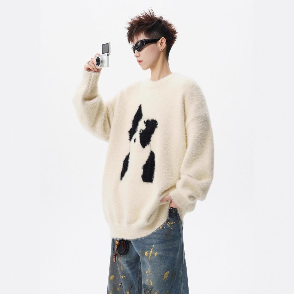American cartoon puppy pullover sweater men's winter mohair crew neck knitted sweater lazy casual couple inside