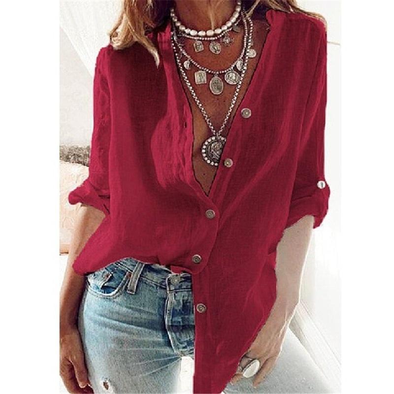 Women Pure Color Casual Loose Long Sleeved Linen Shirt