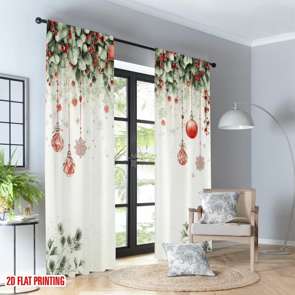 2pcs 2D flat printing Christmas Party Curtains Christmas Wreath Red Baubles Digital Printed Polyester Drapes Festive Wall Decor