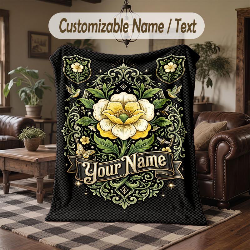 Floral 8 Theme Throw Blanket Custom Name Text Personalized Blanket Soft Cozy Blanket for Home Sofa Bed